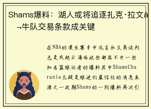 Shams爆料：湖人或将追逐扎克·拉文公牛队交易条款成关键